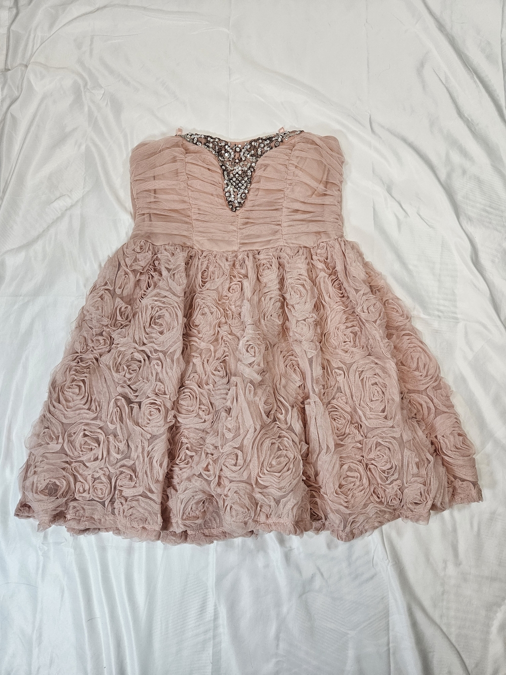 Trixxi Dusty Rose Rosette Strapless Party Dress Jeweled V-Detail Floral Dance